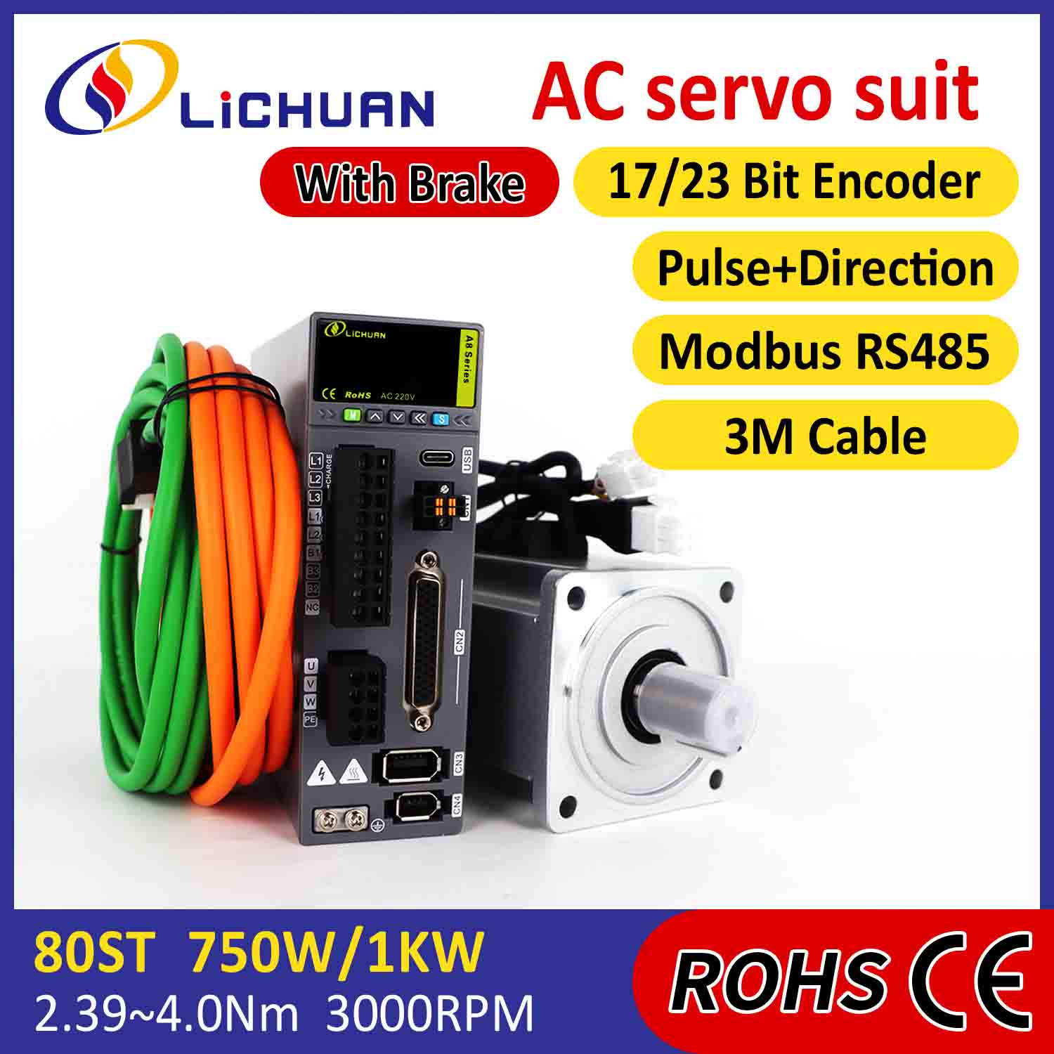 Lichuan AC Servo Motor Drivers Kit A8 با دقت بالا STO ABZ 1000W 1KW 3.2N.m 220V 5.8A 2500/3000RPM IP65