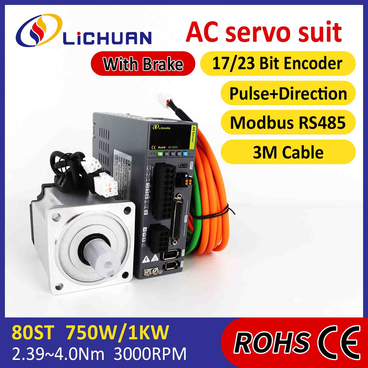 Lichuan AC Servo Motor Drivers Kit A8 با دقت بالا STO ABZ 1001W 1KW 4.0N.m 220V 4.6A 2500/3000RPM IP65