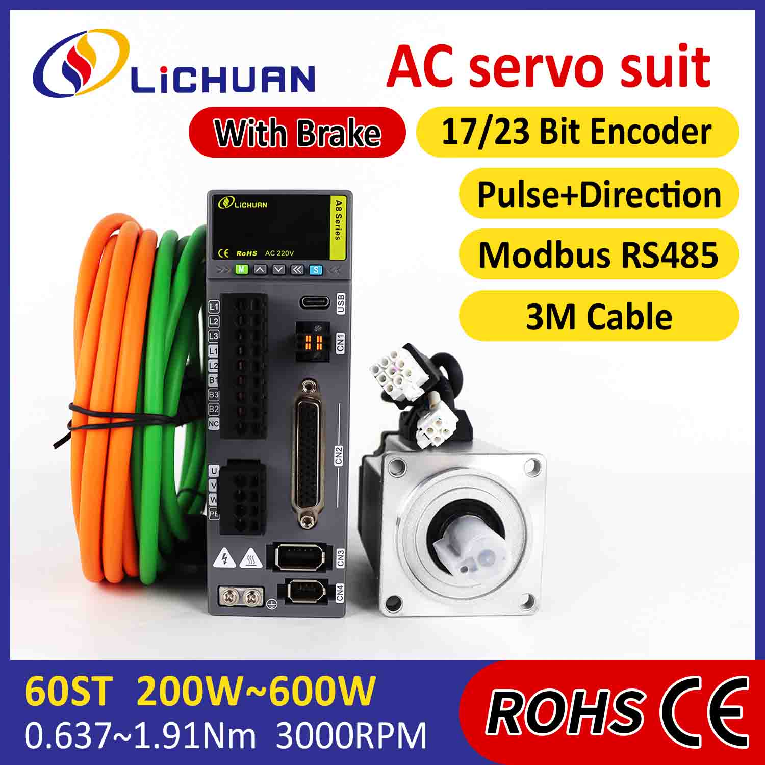 Lichuan AC Servo Motor Drivers Kit A8 با دقت بالا STO ABZ 200W 0.637N.m 220V 1.6A 3000RPM IP65