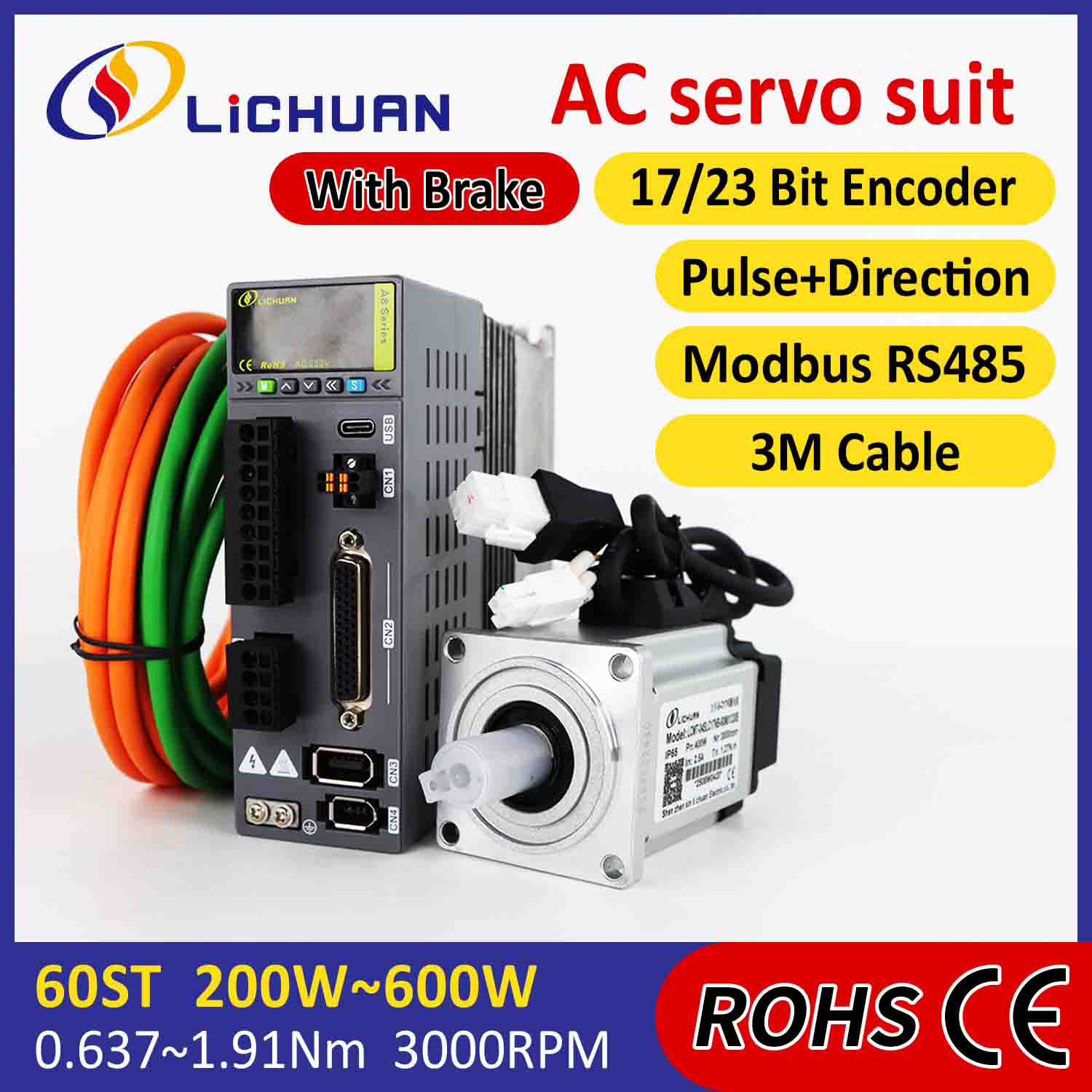 Lichuan AC Servo Motor Drivers Kit A8 دقت بالا STO ABZ 400W 1.27N.m 220V 2.5A 3000RPM IP65