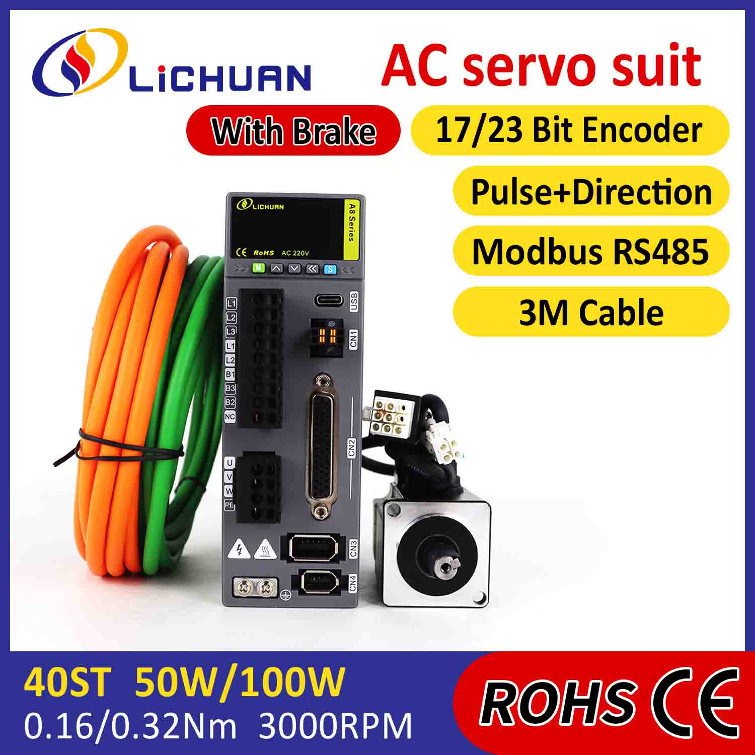 Lichuan AC Servo Motor Drivers Kit A8 با دقت بالا STO ABZ 50W 0.16N.m 220V 0.8A 3000RPM IP65