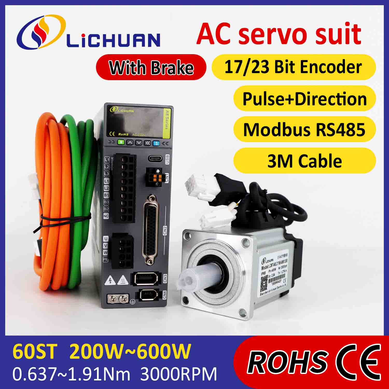 Lichuan AC Servo Motor Drivers Kit A8 دقت بالا STO ABZ 600W 1.91N.m 220V 3.3A 3000RPM IP65