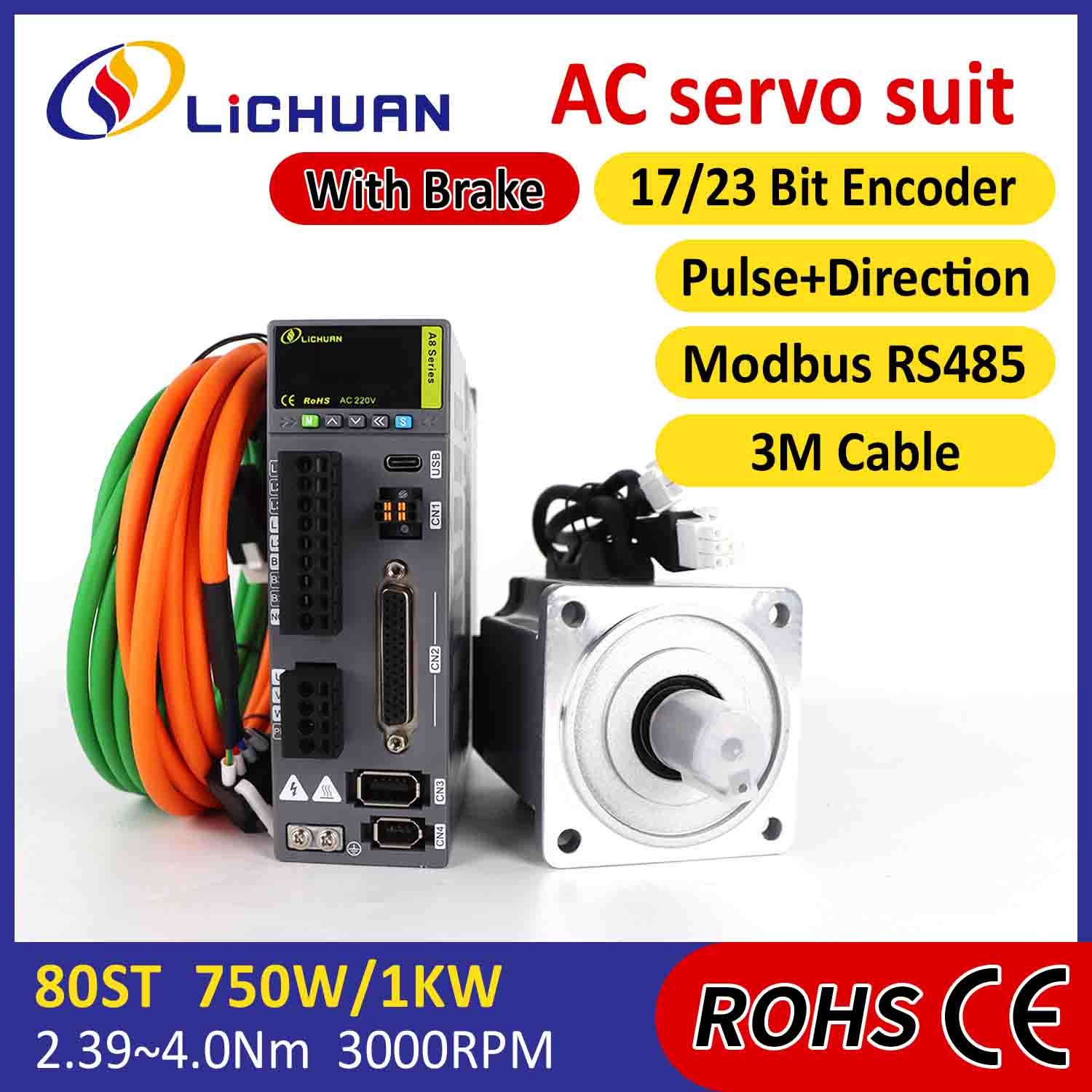 Lichuan AC Servo Motor Drivers Kit A8 High Accuracy STO ABZ 750W 0.75KW 2.39N.m 220V 4.5A 2500/3000RPM IP65