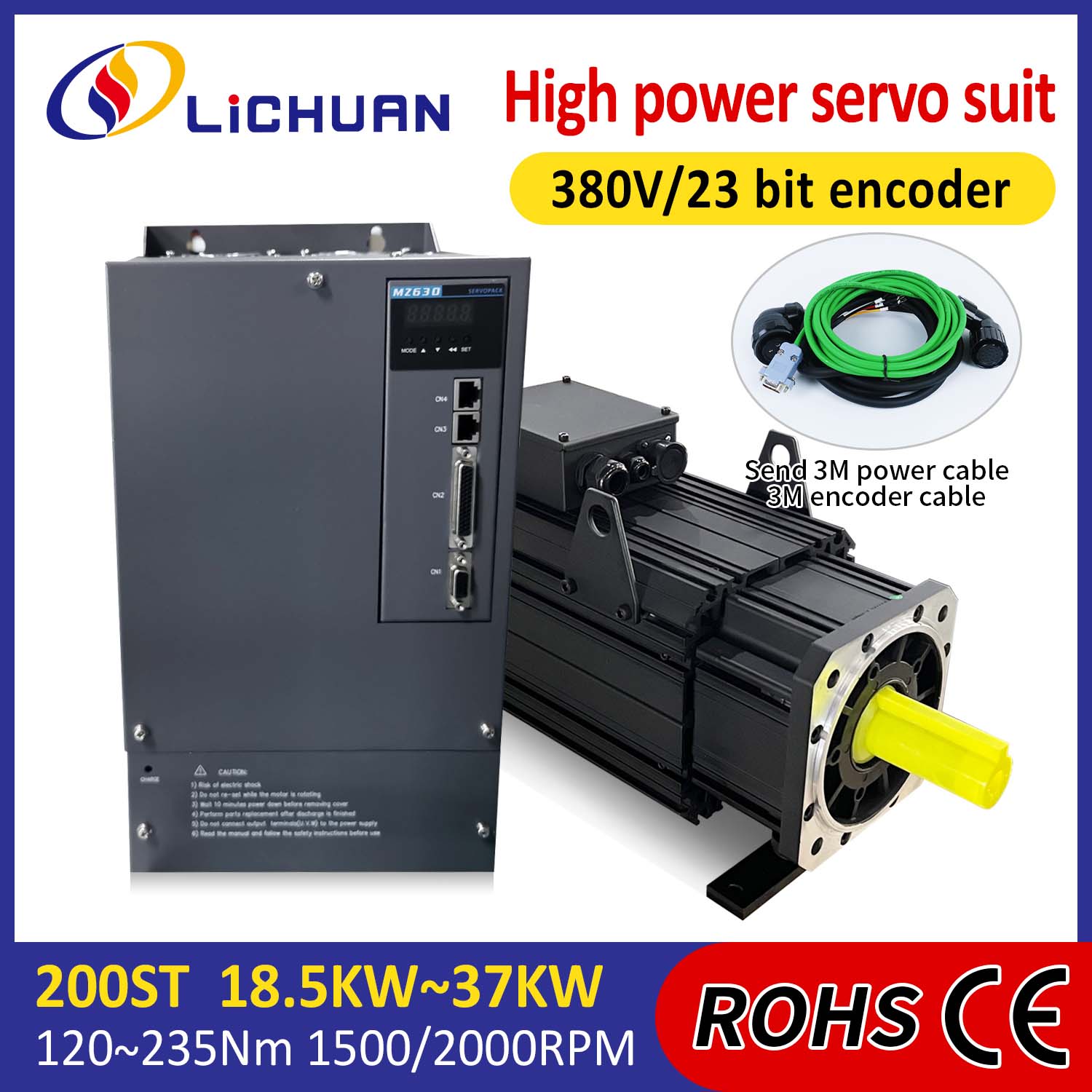 کیت درایورهای سروو موتور AC لیچوان با توان بالا 88 نیوتن متر 18.5 کیلووات AC380 ولت 31.6A 1500/2000RPM IP65